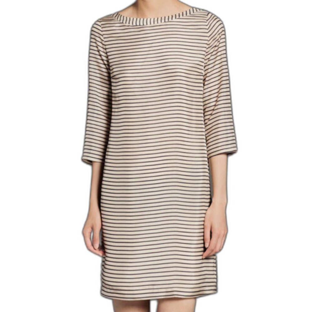 Massimo Dutti | 100% Silk Striped ¾ Sleeve Dress w/ Button Back Cream & Navy | 4